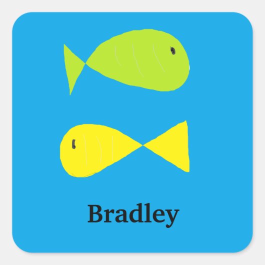 青い上の可愛い緑と黄色の魚 スクエアシール (正面)