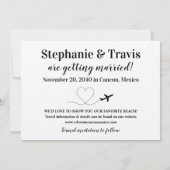 青い世界地図と飛行機のハート 太いフォントの目的地 セーブザデート (裏面)