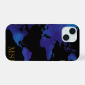 青い世界地図イニシャル iPhone 15ケース (裏面横)