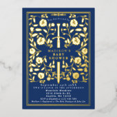 青い中世王室の金ゴールド剣ボーイベビーシャワー 箔招待状 (正面)