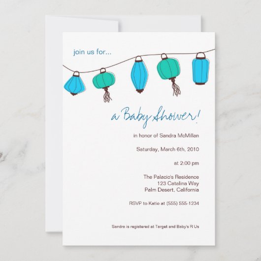 青い中国のランタン 招待状, 5x7 招待状 (正面)