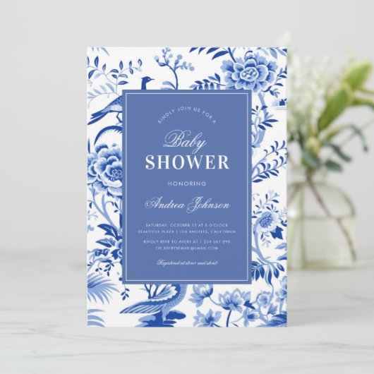 青い中華料理アジアヴィンテージ赤ちゃんシャワー 招待状 (スタンド正面)