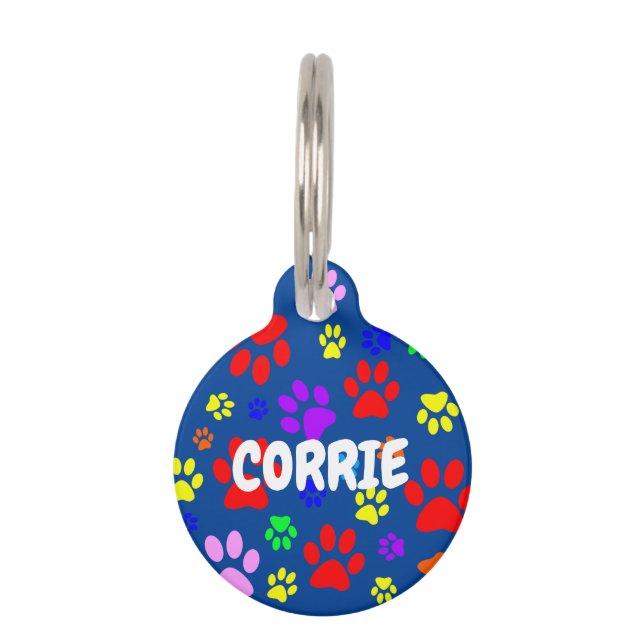青い丸いペット識別タグにペットの足跡 ペット　ネームタグ (正面)