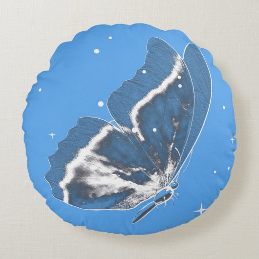 青い丸い枕に繊細な蝶 ラウンドクッション (正面)