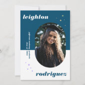 青い丸ユニークみを帯びた写真の卒業発表 案内状 (正面)