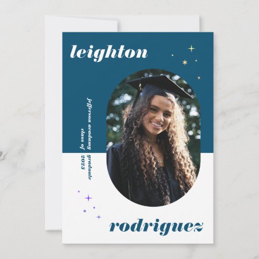 青い丸ユニークみを帯びた写真の卒業発表 案内状 (正面)
