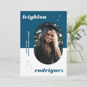 青い丸ユニークみを帯びた写真の卒業発表 案内状 (スタンド正面)