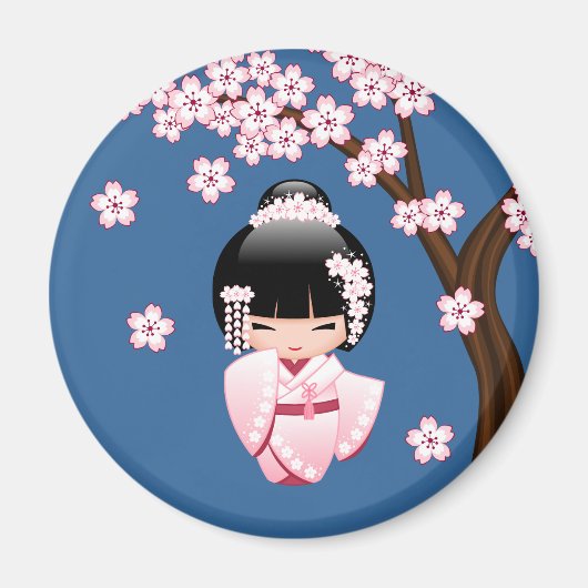 青い丸形のピンクのきもののかわいいこけし人形 マグネット (正面)