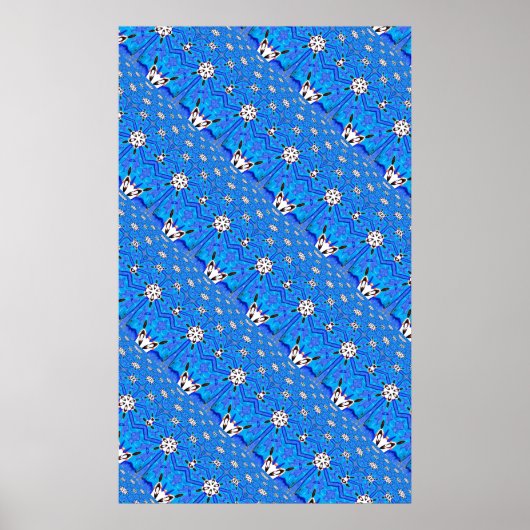 青い二次元幾何学グリッドポスター ポスター (正面)