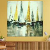 青い亜麻色の黄色と緑の帆が静水に キャンバスプリント (インサイチュ (リビング))