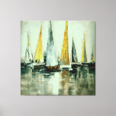 青い亜麻色の黄色と緑の帆が静水に キャンバスプリント (正面)
