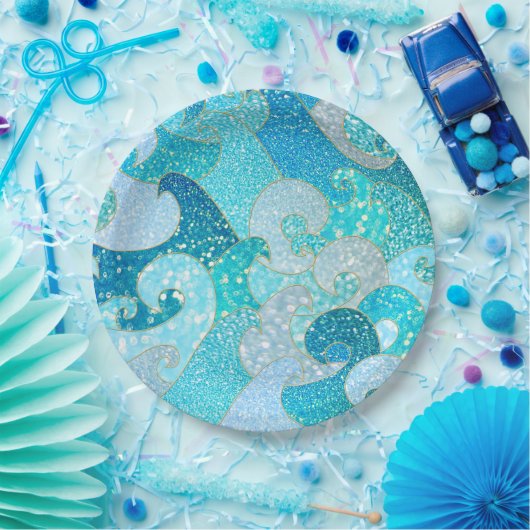 青い人魚のフェイクなグリッターの海のティール(緑がかった色)の金ゴールドの海 ペーパープレート (パーティー)
