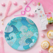 青い人魚のフェイクなグリッターの海のティール（緑がかった色）の金ゴールドの海 ペーパープレート (パーティー)