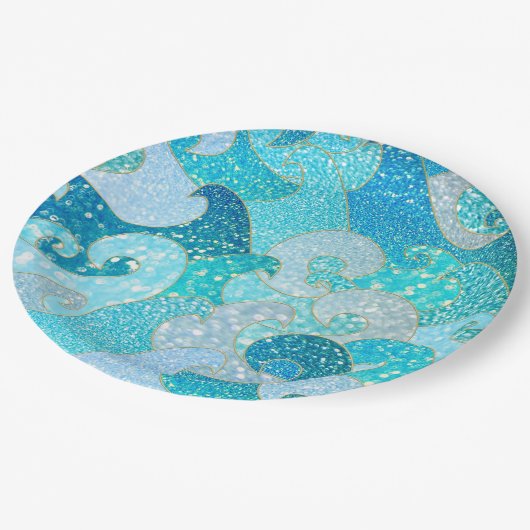 青い人魚のフェイクなグリッターの海のティール（緑がかった色）の金ゴールドの海 ペーパープレート (アングル)