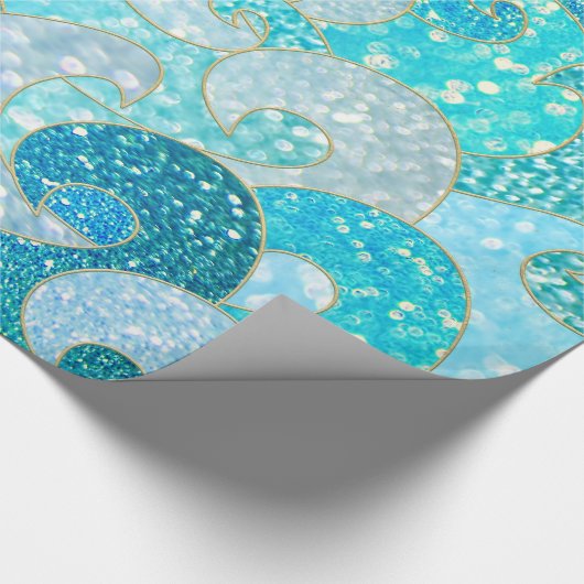 青い人魚のフェイクなグリッターの海のティール(緑がかった色)の金ゴールドの海 ラッピングペーパー (角)