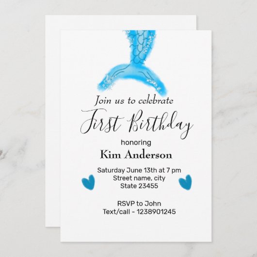 青い人魚の水色ハート追加の名前の誕生日ye 招待状 (正面/裏面)