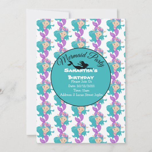 青い人魚パーティー ピンクの招待状 招待状 (正面)