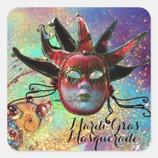 青い仮装パーティーの黒と赤のジェスターマスク スクエアシール (正面)