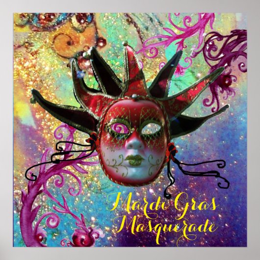 青い仮装パーティーの黒と赤のジェスターマスク ポスター (正面)