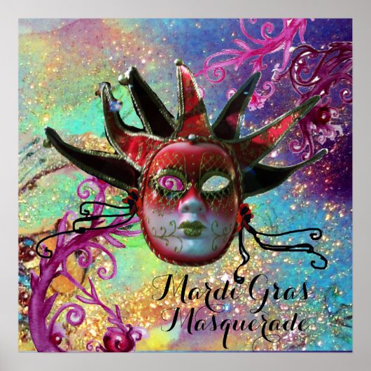 青い仮装パーティーの黒と赤のジェスターマスク ポスター (正面)