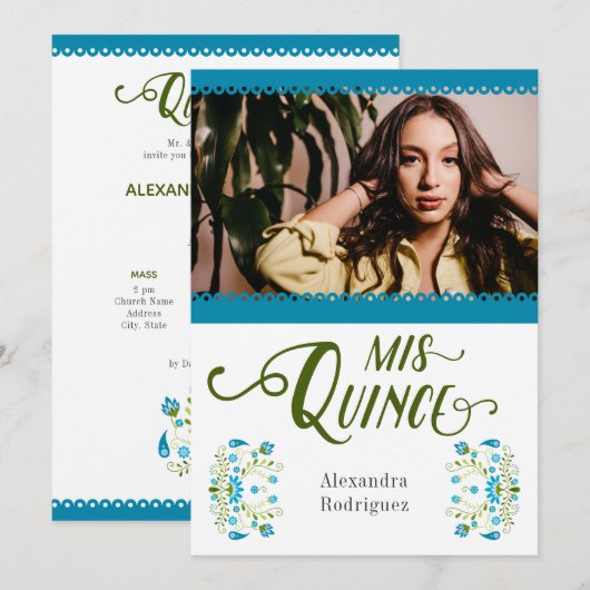 青い伝統的なメキシコの花の写真 キンセアニェラ 招待状 (正面/裏面)