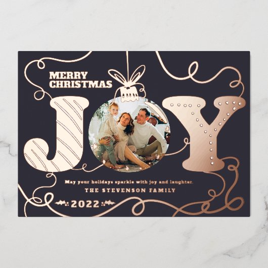 青い伝統的Joy写真クリスマスの貝 箔シーズンカード (正面)