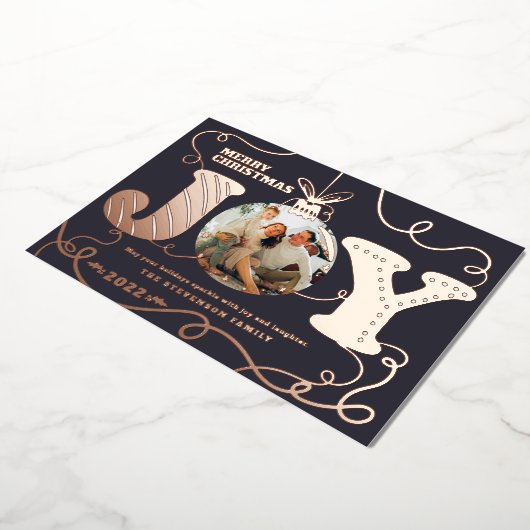 青い伝統的Joy写真クリスマスの貝 箔シーズンカード (回転した状態)