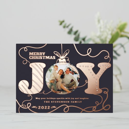 青い伝統的Joy写真クリスマスの貝 箔シーズンカード (立ち正面)