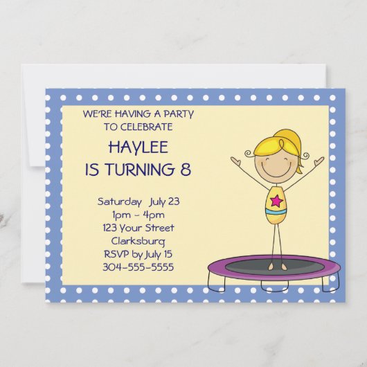 青い体操のトランポリンの誕生会 招待状 (正面)