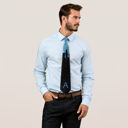 青い偽のグリッタードリップブラックモノグラムネックタイ ネクタイ (インサイチュ)