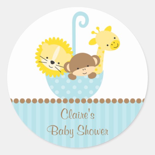 青い傘の中のジャングル動物のシール ラウンドシール (正面)