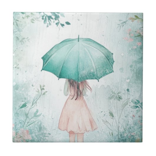 青い傘の少女 雨の庭園 タイル (正面)