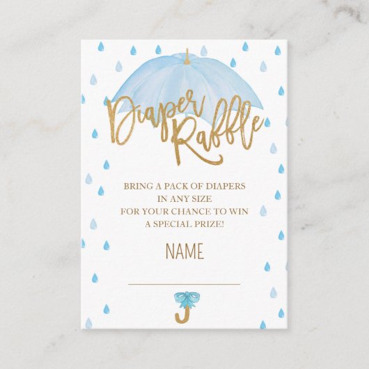青い傘の赤ちゃんシャワーおむつラッフルカード エンクロージャーカード (正面)