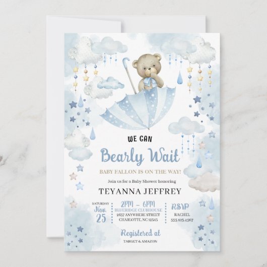 青い傘テディベアベビー振りかける赤ちゃんシャワー 招待状 (正面)