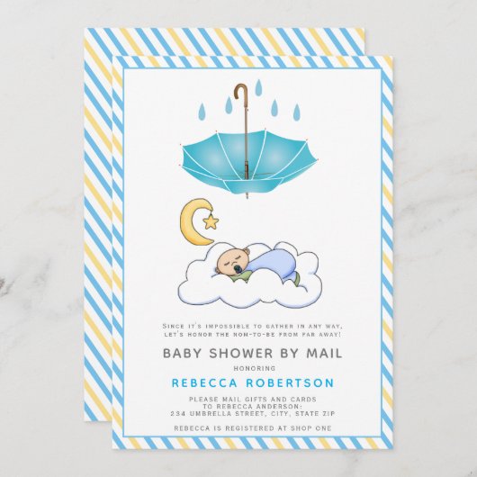 青い傘、寝ている男の赤ちゃんシャワーby mail 招待状 (正面/裏面)