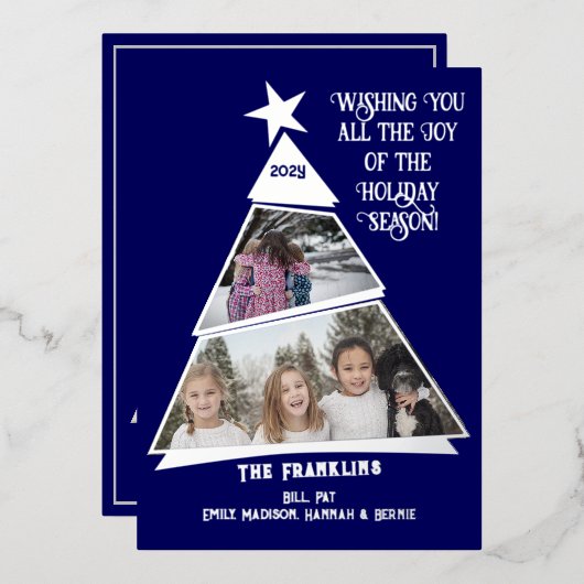 青い傾斜したツリーおもしろいとモダン写真 箔シーズンカード (正面/裏面)