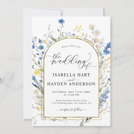 青い優美なフローラ金ゴールドすべて1 QRコード結婚s 招待状 (正面)