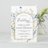 青い優美なフローラ金ゴールドすべて1 QRコード結婚s 招待状 (スタンド正面)