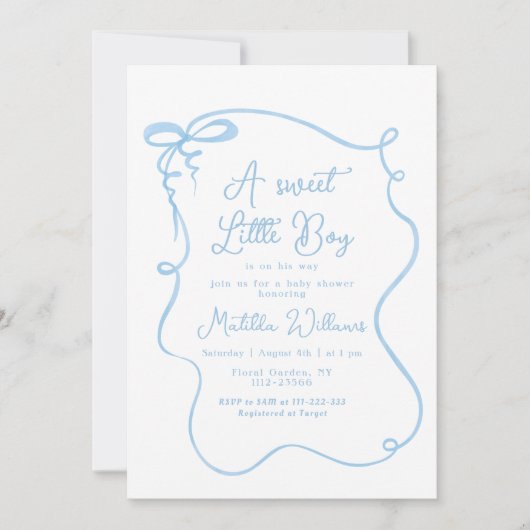 青い優美な弓の波の男の赤ちゃんシャワー 招待状 (正面)