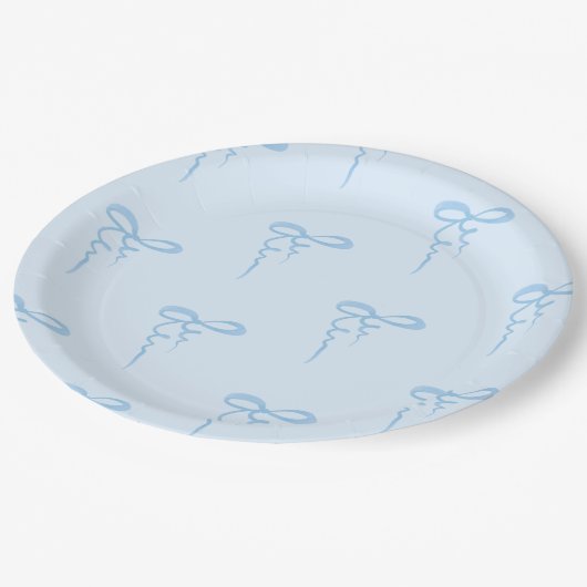 青い優美な弓パターンの男の子のシャワー ペーパープレート (アングル)