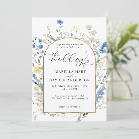 青い優美な野生のフローラ金ゴールドアーチ結婚花 招待状 (スタンド正面)