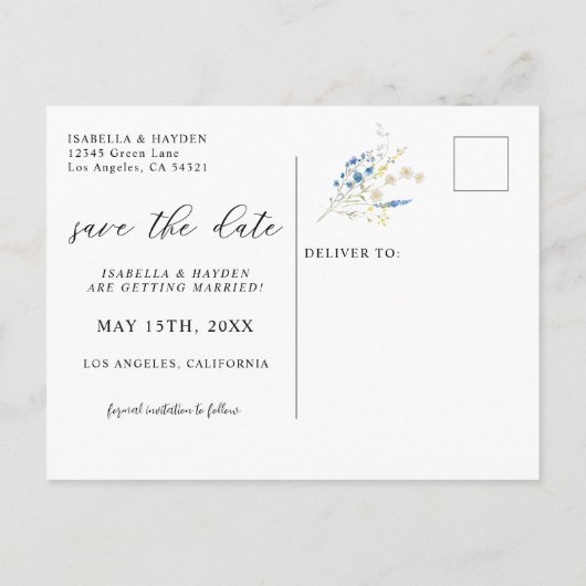 青い優美な野生の花ネイビーフローラ日付を保存 案内ポストカード (裏面)