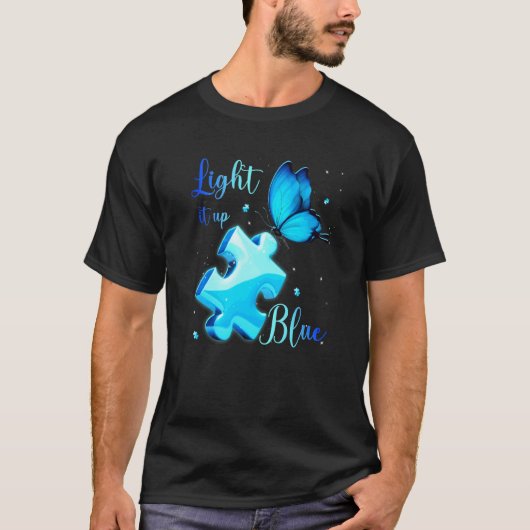 青い光で照らそう 自閉症啓発 パズル バタフライ Tシャツ (正面)