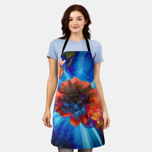 青い光の牡丹 エプロン (着用した状態)