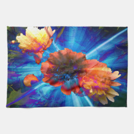 青い光の牡丹 キッチンタオル