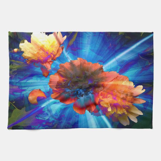 青い光の牡丹 キッチンタオル (横)