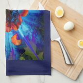 青い光の牡丹 キッチンタオル (四つ折り)