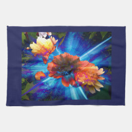 青い光の牡丹 キッチンタオル