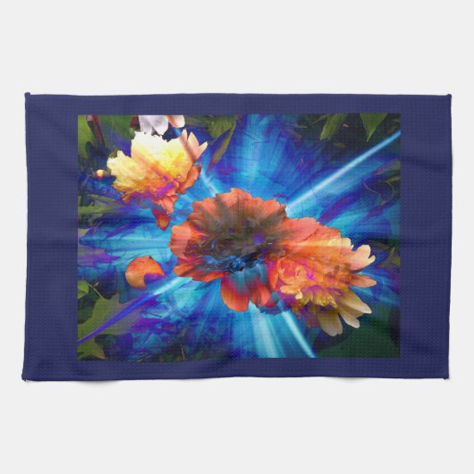 青い光の牡丹 キッチンタオル (横)