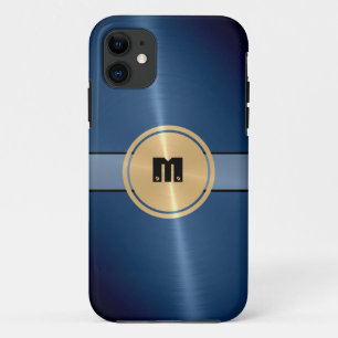 青い光沢があるステンレス鋼の金属および金ゴールドボタン2 iPhone 11 ケース